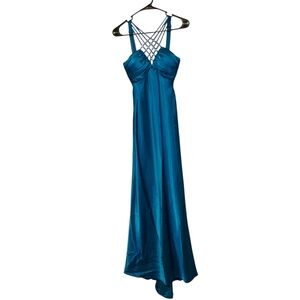 Cache Blue Satin Rhinestone Lattice Back Maxi Dress Size 2 Y2K Formal